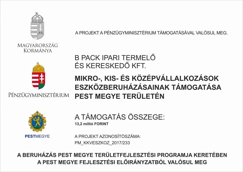 Berendezésbeszerzést bemutató támogatási tábla.